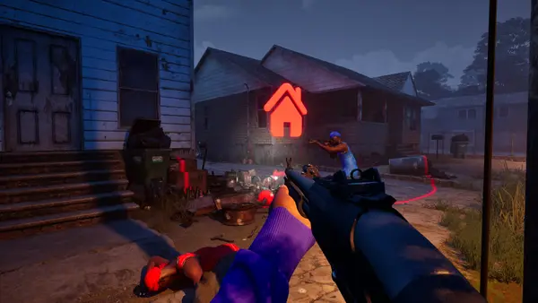 First-person street battle beside a red objective marker in Hood Warfare 2 (official screenshot)