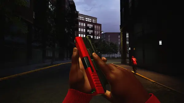 A player holding a red pistol on a city street in Hood Warfare 2 (official screenshot)