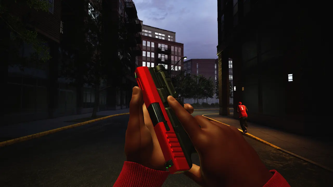 A player holding a red pistol on a city street in Hood Warfare 2 (official screenshot)