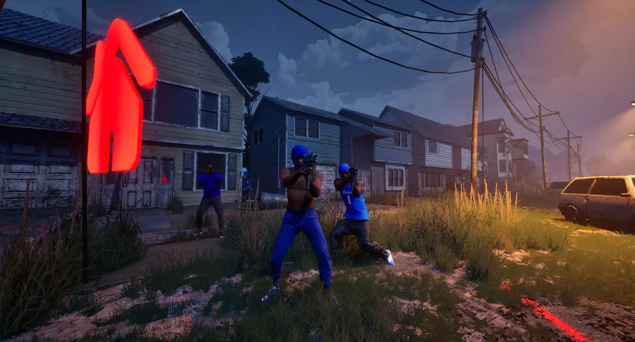 Blue-clad characters near a red objective marker outside a house in Hood Warfare 2 (official screenshot)