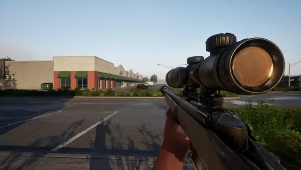 Scoped rifle overlooking a suburban street in Hood Warfare 2 (official screenshot)