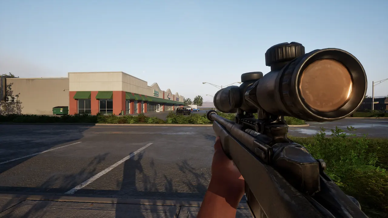 Scoped rifle overlooking a suburban street in Hood Warfare 2 (official screenshot)