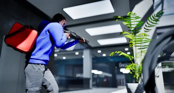 Blue-clad character carrying a red bag in a mall in Hood Warfare 2 (official screenshot)